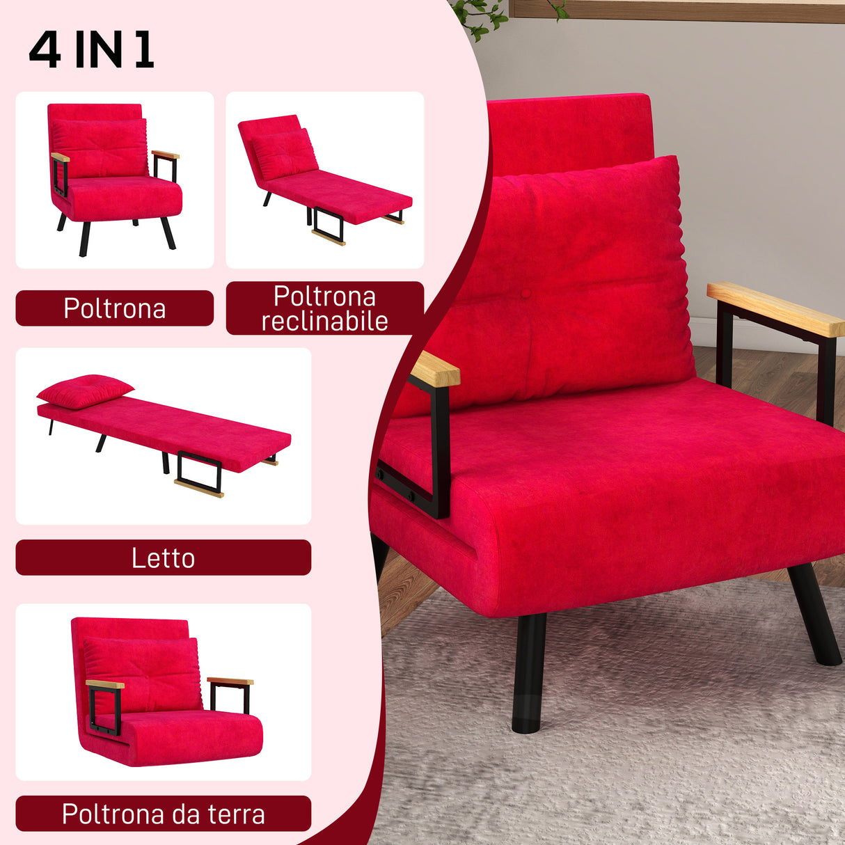 easycomfort easycomfort poltrona letto 3 in 1 con schienale reclinabile e cuscino in tessuto effetto velluto 63x73x81 cm rosso