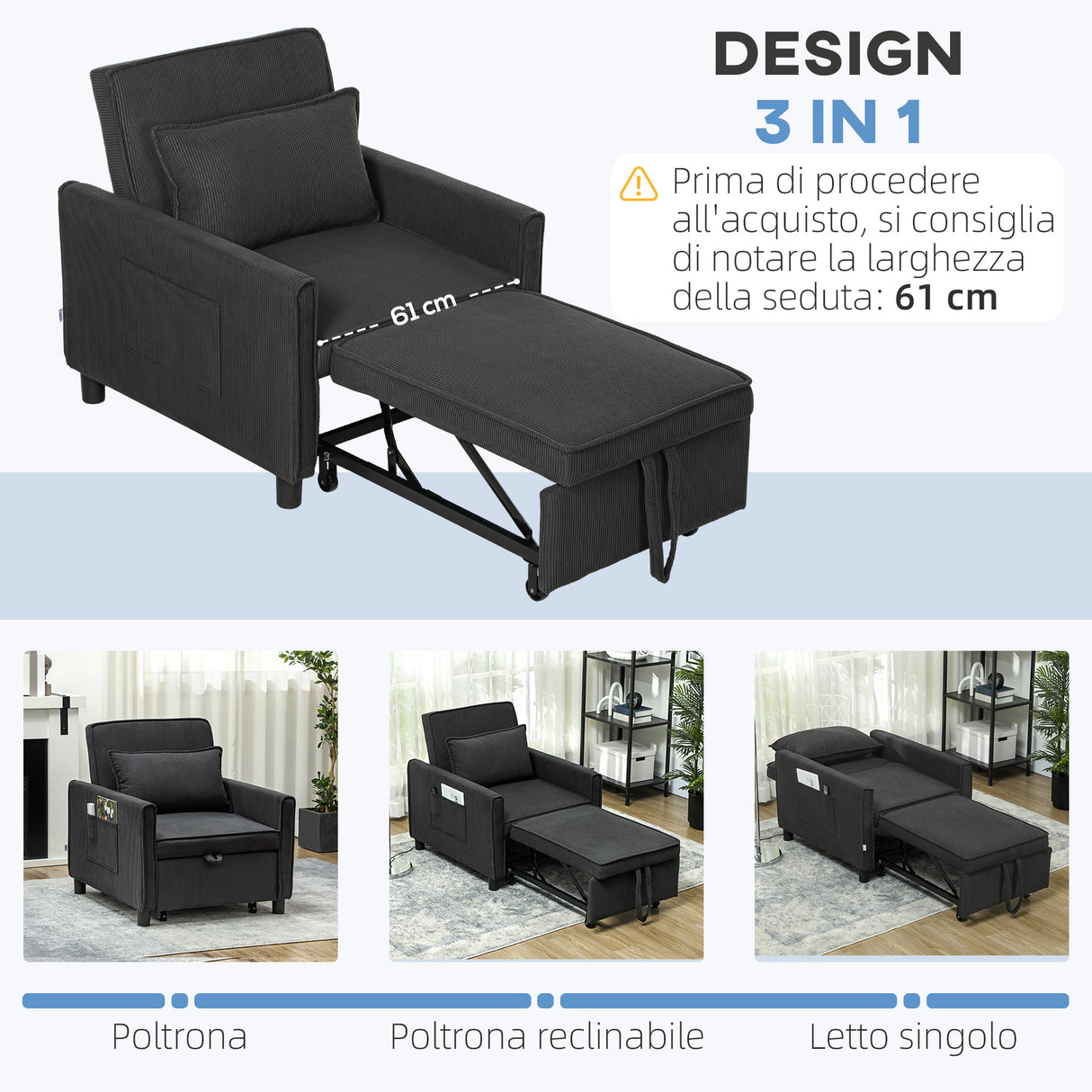 easycomfort easycomfort poltrona letto reclinabile con tasche laterali in tessuto effetto velluto 74x84x81 cm grigio scuro