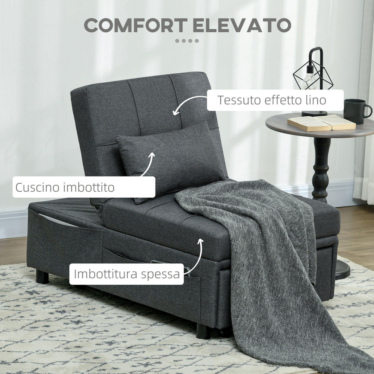easycomfort easycomfort poltrona letto singolo 3 in 1 reclinabile a 3 livelli con cuscino in tessuto effetto lino 65 5x104x81 cm grigio