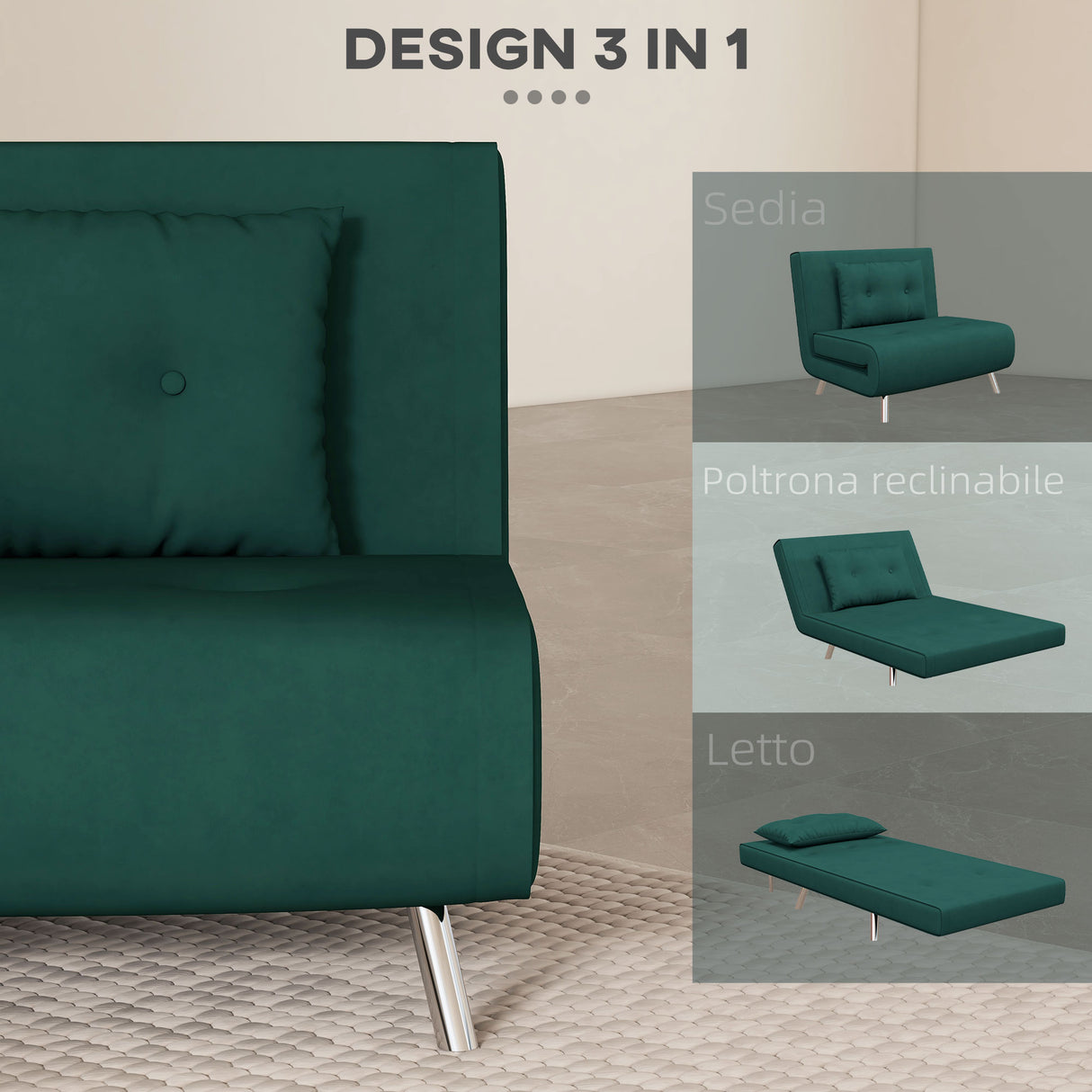 easycomfort easycomfort poltrona letto singolo con schienale reclinabile in velluto 100x88x83cm verde scuro