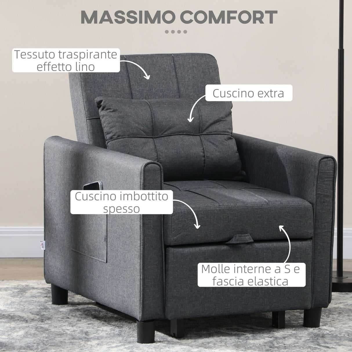 easycomfort easycomfort poltrona letto singolo reclinabile su 3 livelli con cuscino extra 69x82x85cm grigio