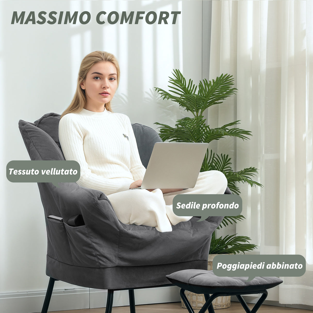 easycomfort easycomfort poltrona moderna con poggiapiedi e 2 tasche laterali in tessuto effetto velluto e acciaio 80x78x100 cm grigio