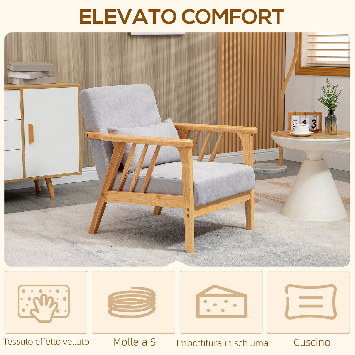 easycomfort easycomfort poltrona moderna con rivestimento vellutato e struttura in legno 68x75x78cm grigio