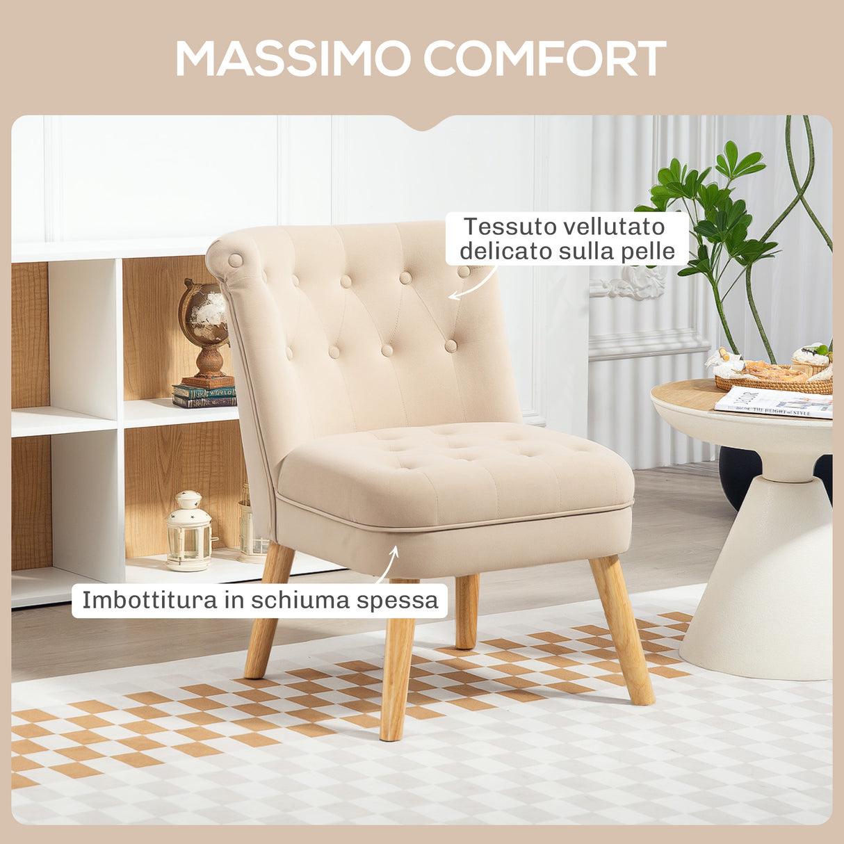easycomfort easycomfort poltrona per salotto in velluto con seduta imbottita e trapuntata a bottoni 60x66x79 cm beige