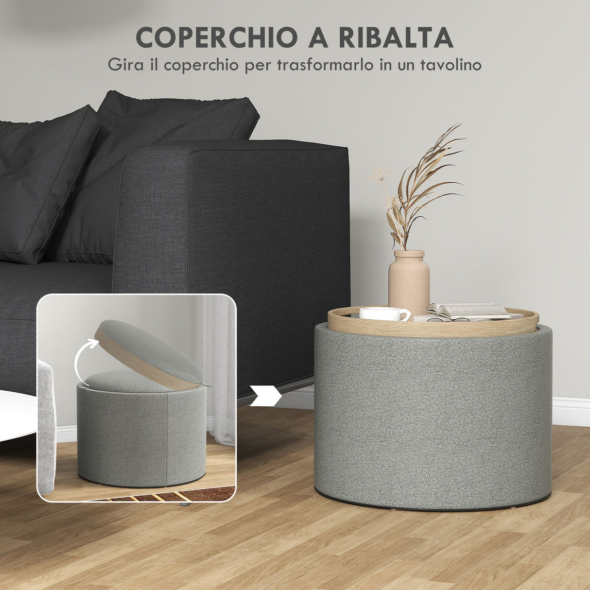 easycomfort easycomfort pouf contenitore effetto lino da 120 kg max con vassoio a ribalta in mdf 56x56x42 cm grigio