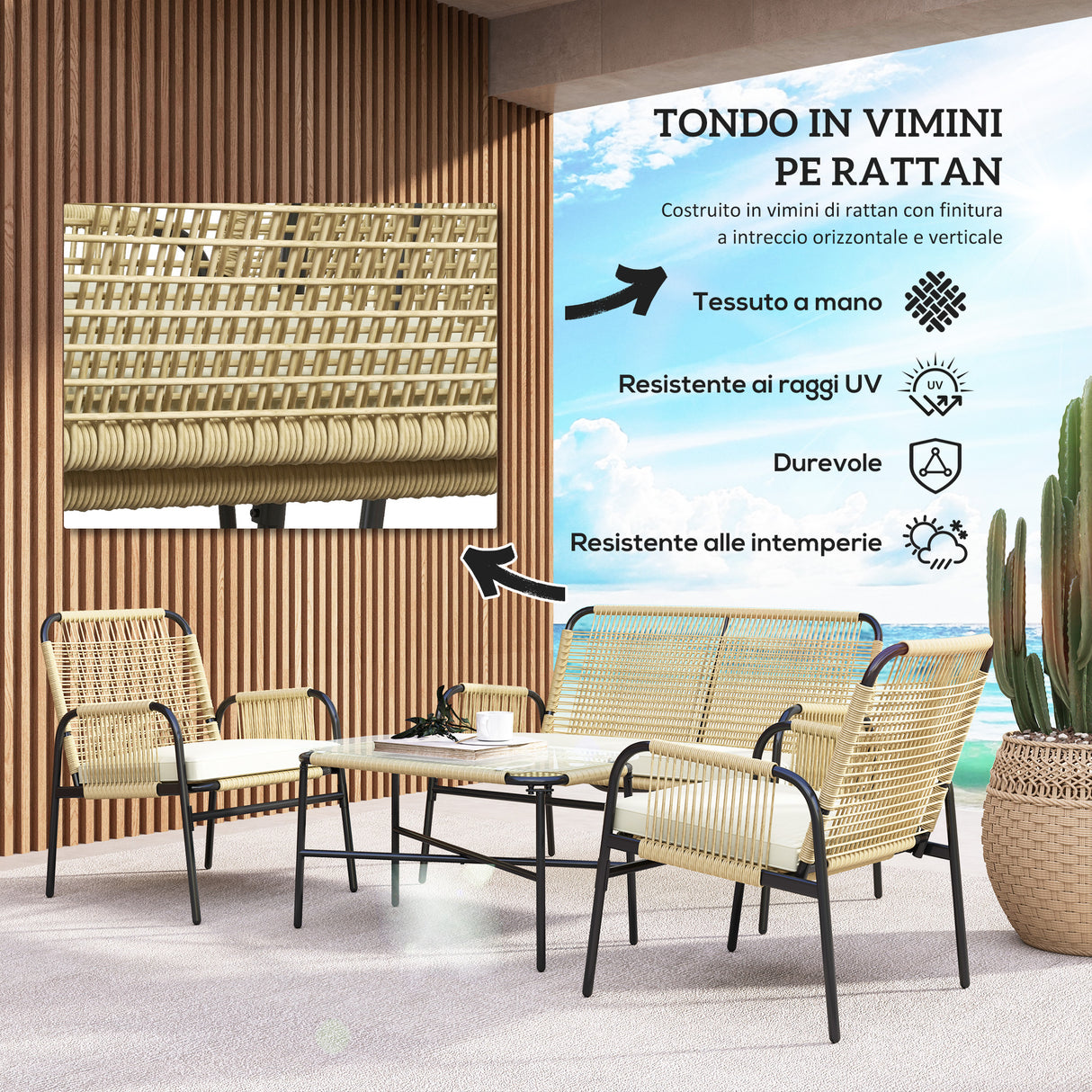 easycomfort easycomfort salotto da giardino in rattan pe con divanetto e 2 poltrone con cuscini tavolino in vetro giallo