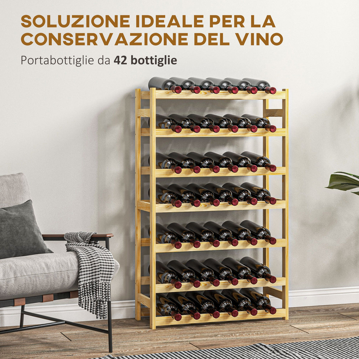 easycomfort easycomfort scaffale portabottiglie a 7 livelli per 42 bottiglie di vino legno di pino naturale 63x25x102cm