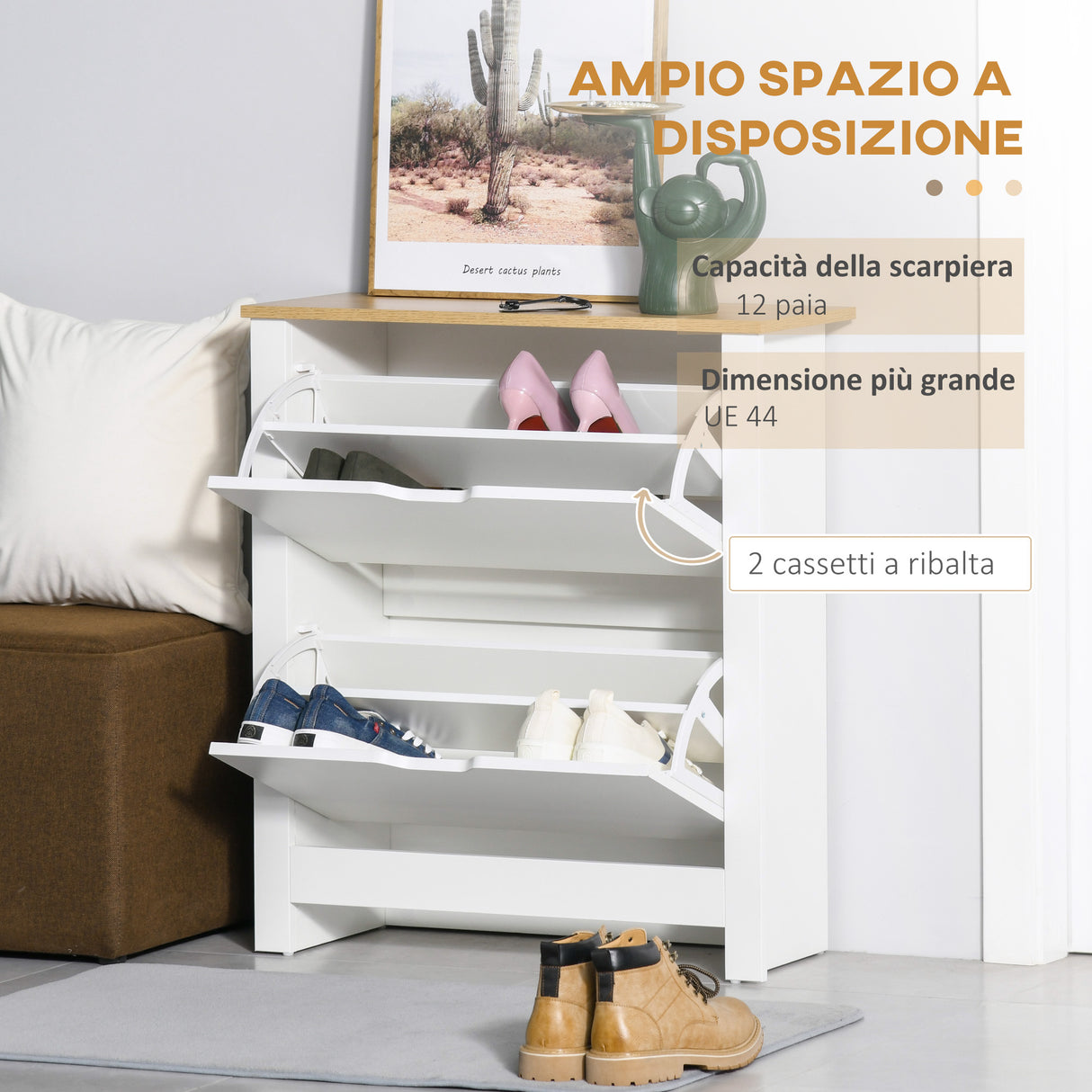 easycomfort easycomfort scarpiera moderna per 12 paia max con 2 cassetti regolabili e rimovibili in legno 72x26x80 cm bianco