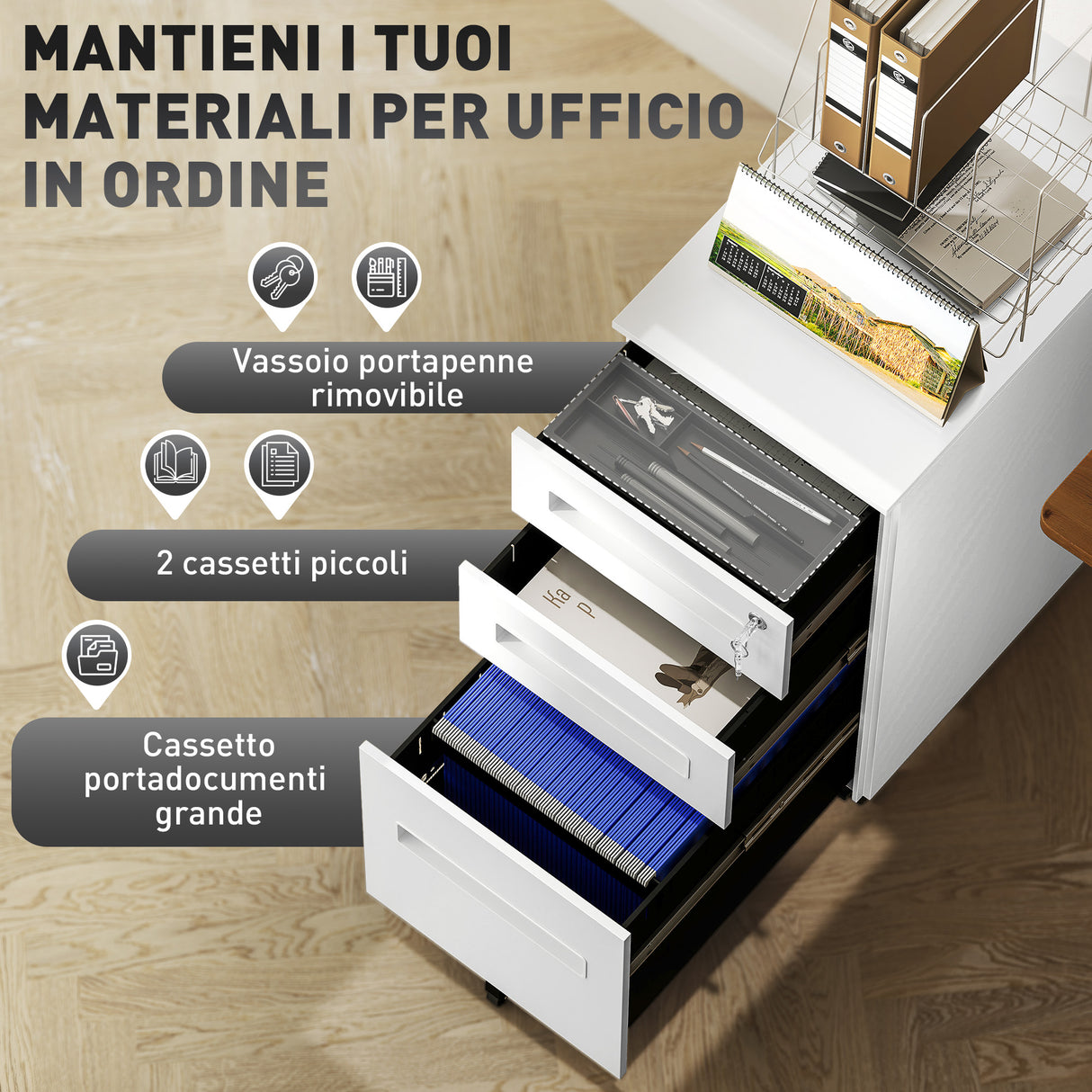 easycomfort easycomfort schedario portadocumenti in acciaio a 5 ruote con 2 cassetti e vassoio portapenne 30x43 5x60 cm bianco