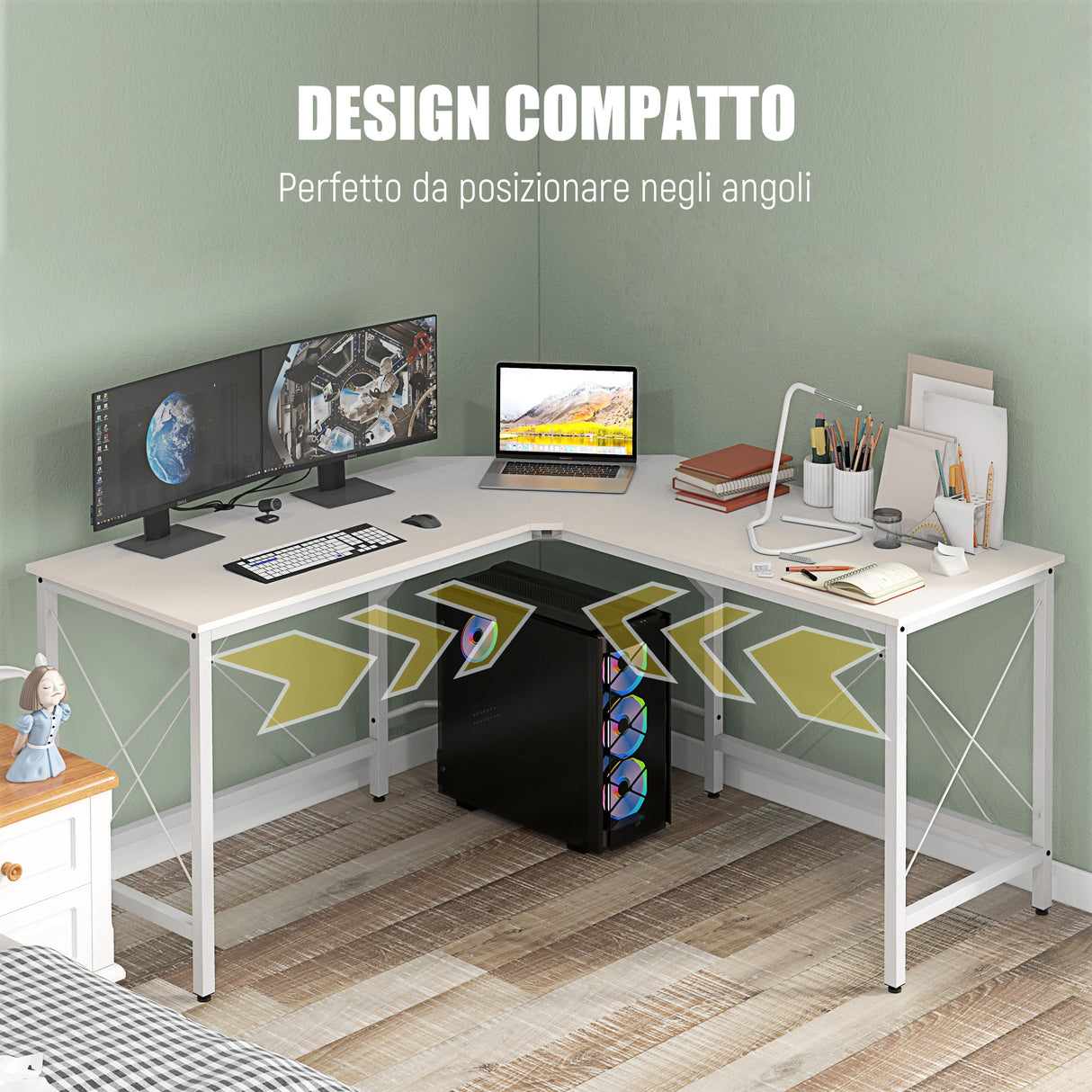 easycomfort easycomfort scrivania angolare a l con piedini regolabili in legno e acciaio 150x150x76 cm bianca