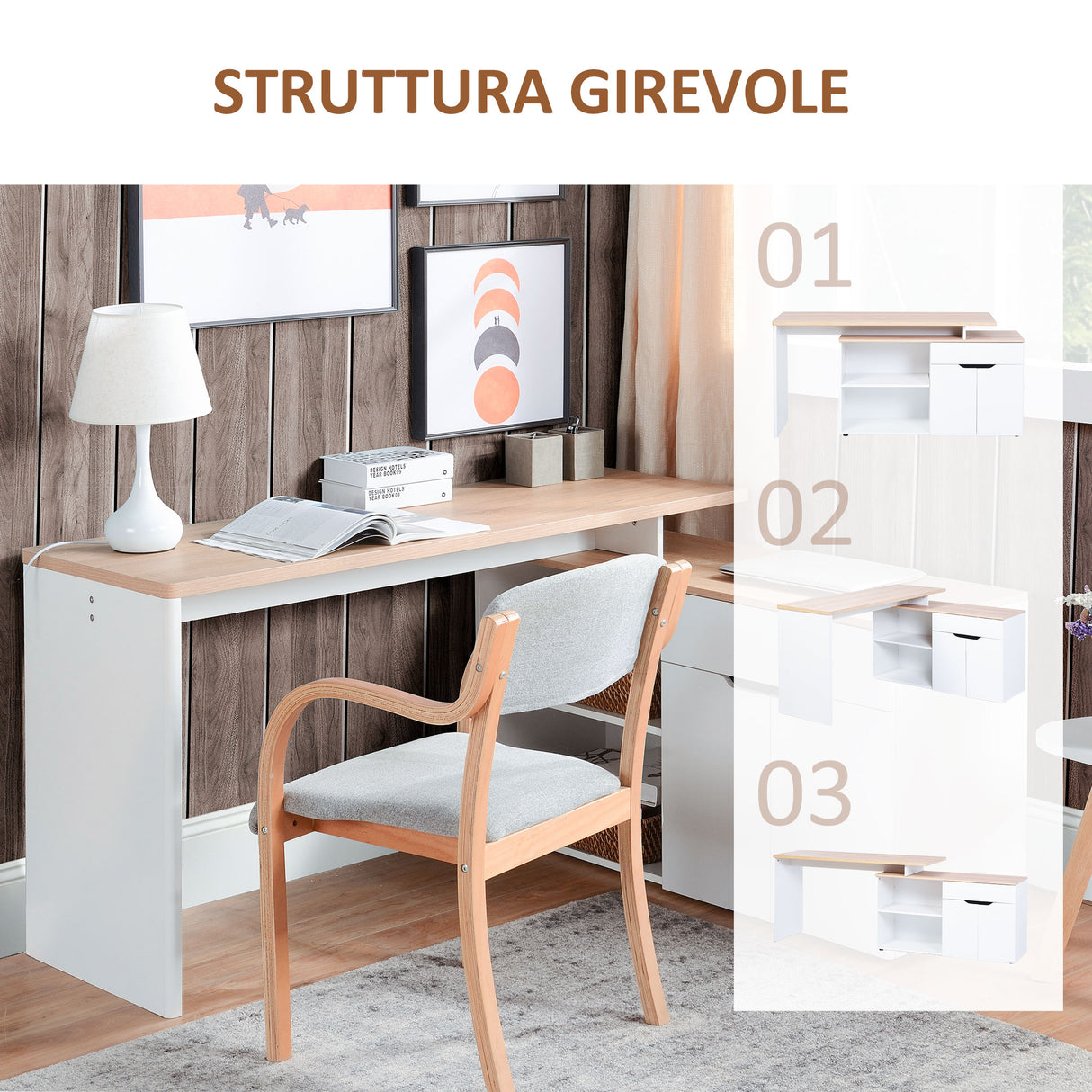 easycomfort easycomfort scrivania angolare con libreria a 2 ripiani armadietto e cassetto 140x117x76 cm color legno e bianco