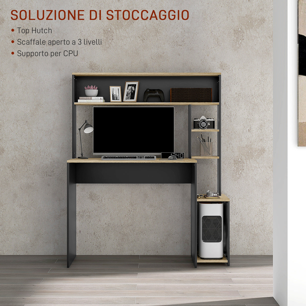 easycomfort easycomfort scrivania moderna con ripiani e supporto per cpu in legno 114x45x138cm grigio e legno naturale