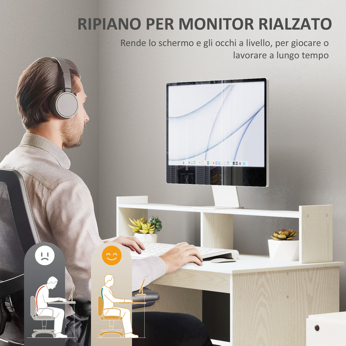 easycomfort easycomfort scrivania moderna con supporto per monitor armadietto e ripiani 108x50x94 cm crema