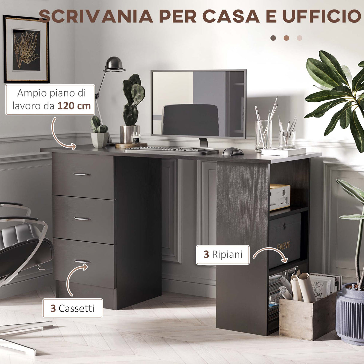 easycomfort easycomfort scrivania pc con 3 ripiani e 3 cassetti per camera e ufficio in legno mdf 120x49x72 cm nera