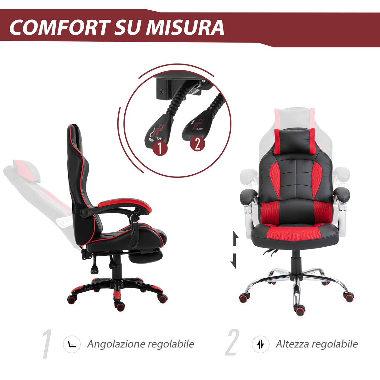 easycomfort easycomfort sedia da gaming reclinabile con supporto lombare e poggiatesta in pelle pu rosso e nero