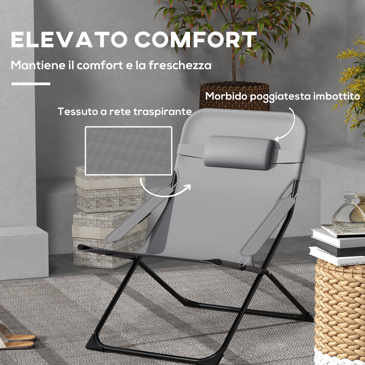 easycomfort easycomfort sedia da giardino pieghevole e reclinabile su 4 livelli in acciaio e poliestere 69x91x96 cm nera grigia