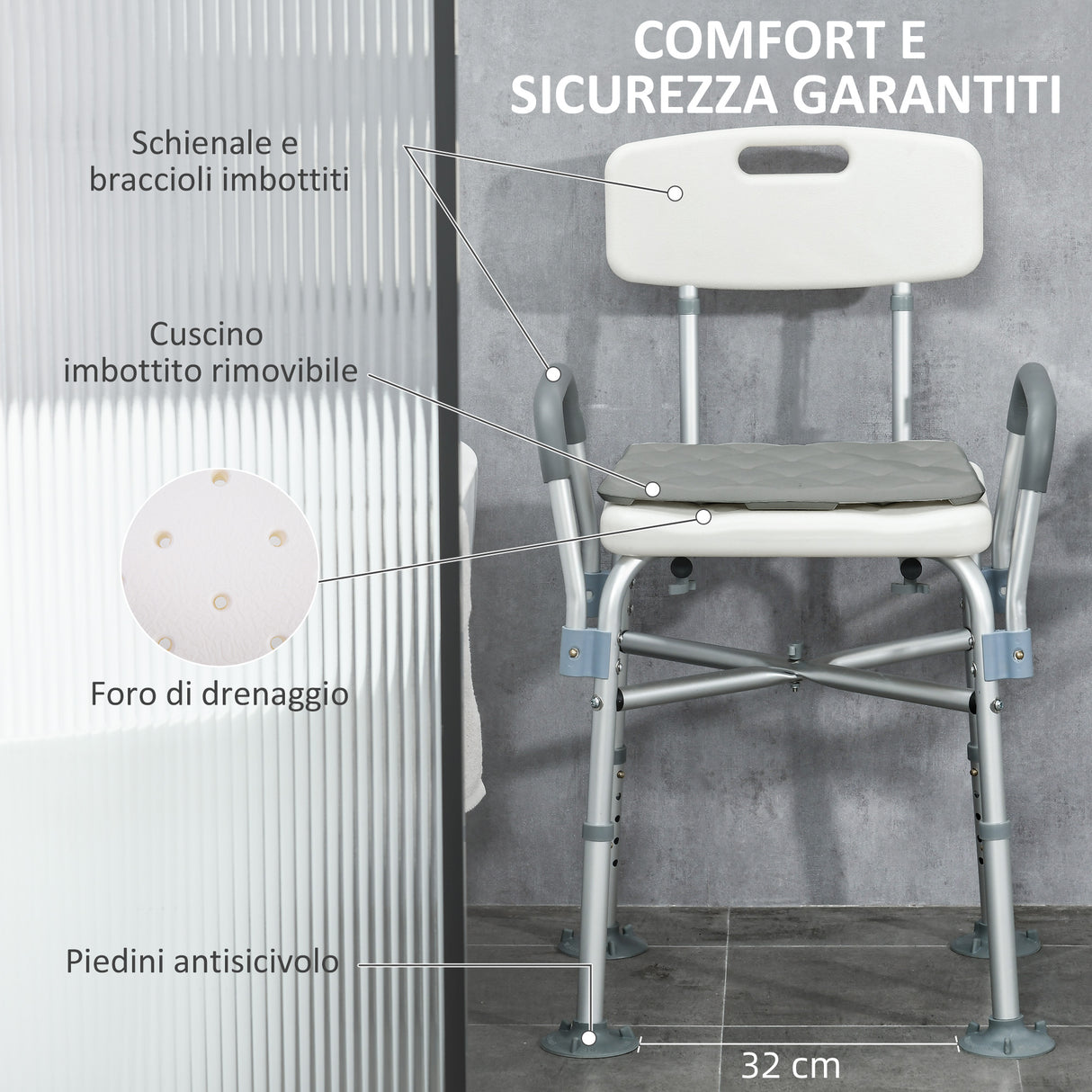 easycomfort easycomfort sedia doccia ad altezza regolabile con braccioli e cuscino rimovibile 53 5x52x80 90 cm bianca
