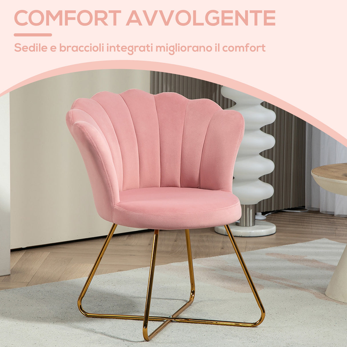 easycomfort easycomfort sedia moderna ergonomica con schienale a petalo vellutato rosa e gambe incrociate oro 69x64x80 cm