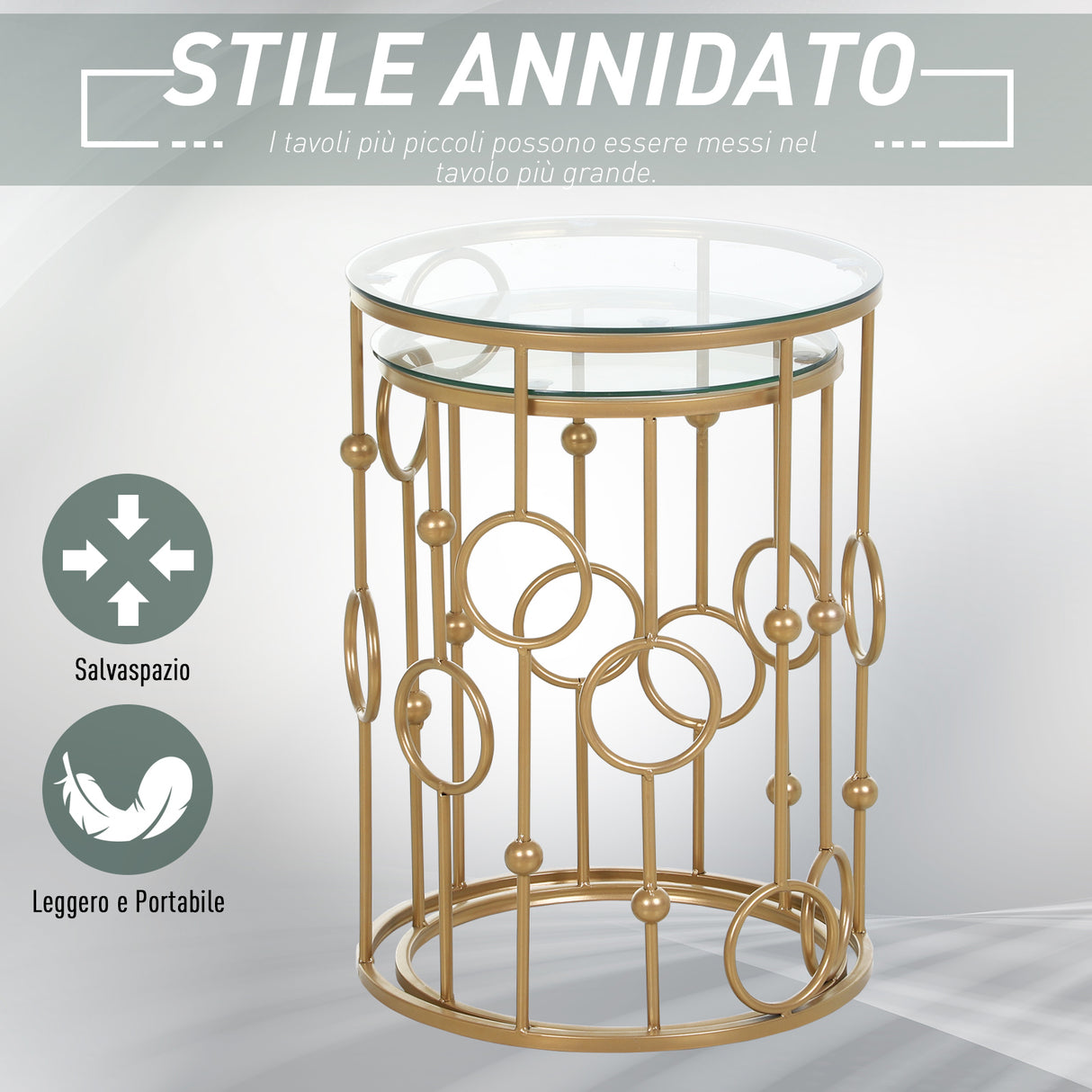 easycomfort easycomfort set 2 pezzi tavolini da caffe design elegante con motivi a cerchio metallo e vetro temperato 41x57cm 36x51cm oro ean 8055776910697