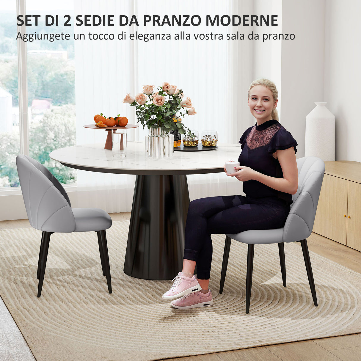 easycomfort easycomfort set 2 sedie da pranzo in pelle pu con gambe in metallo e schienale a conchiglia grigio chiaro