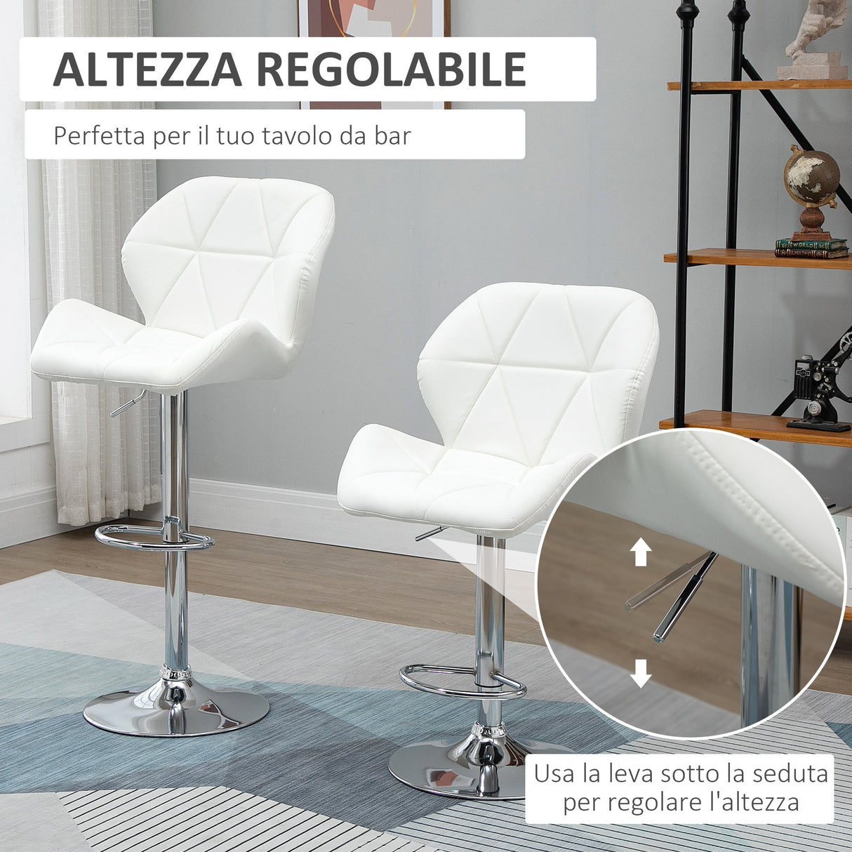 immagine-4-easycomfort-easycomfort-set-2-sgabelli-da-bar-con-altezza-regolabile-base-in-metallo-e-seduta-in-pelle-pu-sgabelli-con-schienale-e-poggiapiedi-51-5x57-5x93-114-5cm-bianco