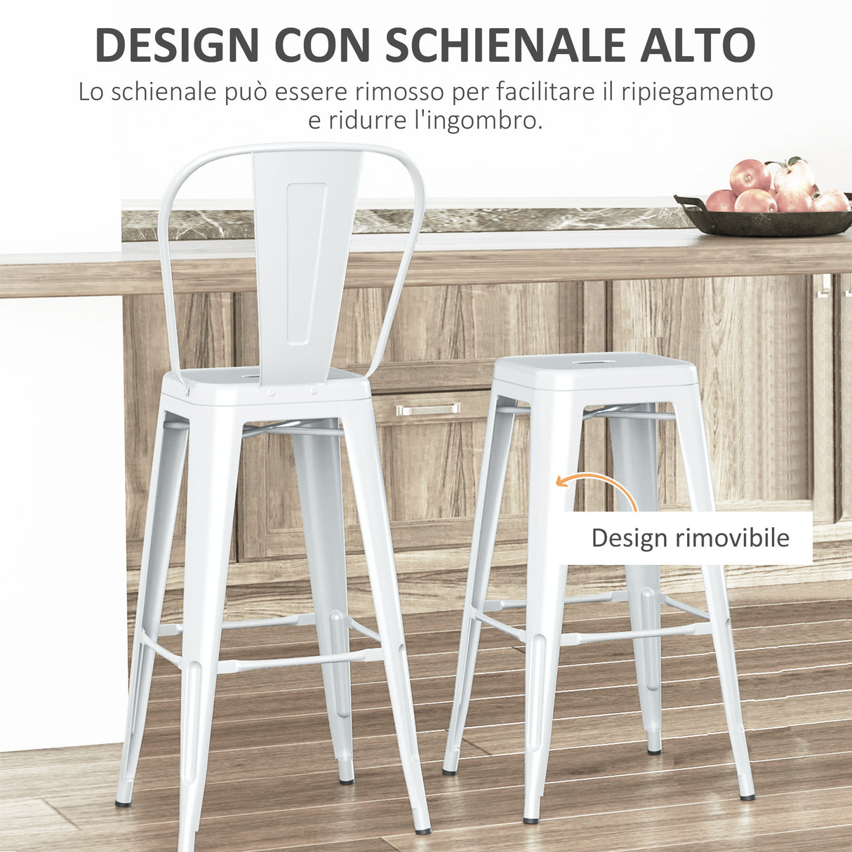 easycomfort easycomfort set 2 sgabelli da bar impilabili in metallo con schienale rimovibile e poggiapiedi bianco