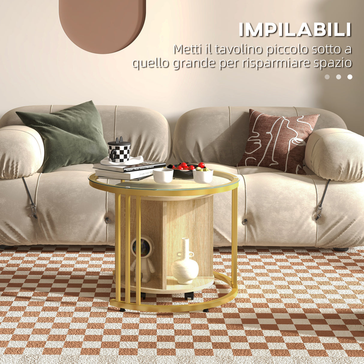 immagine-4-easycomfort-easycomfort-set-2-tavolini-da-salotto-rotondi-con-design-impilabile-4-ripiani-inferiori-e-4-ruote-oro-e-rovere