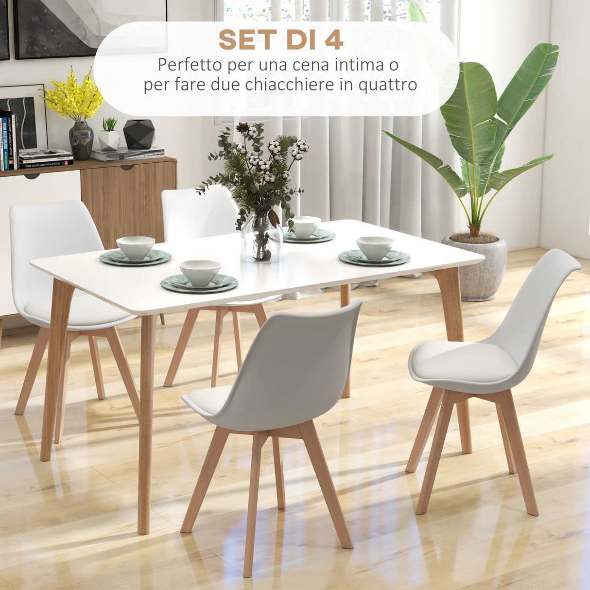 easycomfort easycomfort set 4 sedie da pranzo stile nordico in plastica con gambe in legno e cuscino in finta pelle bianco