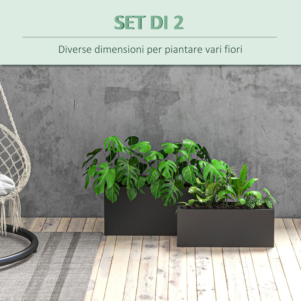 easycomfort easycomfort set da 2 vasi da giardino rettangolari impilabili per esterno e interno nero