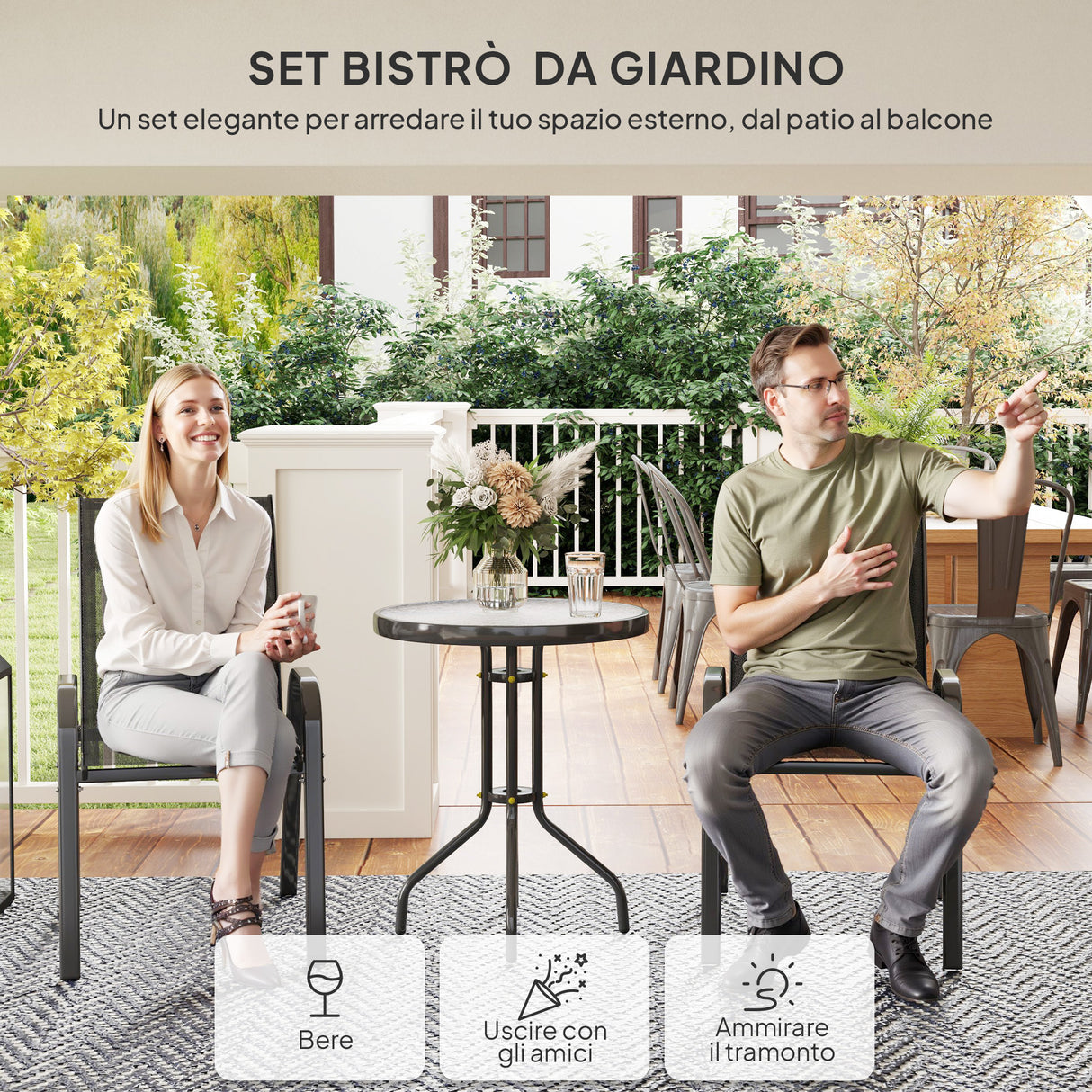 easycomfort easycomfort set da giardino 3 pezzi con 2 sedie da giardino 54x71x93 cm e tavolino rotondo 60x71 cm in acciaio nero