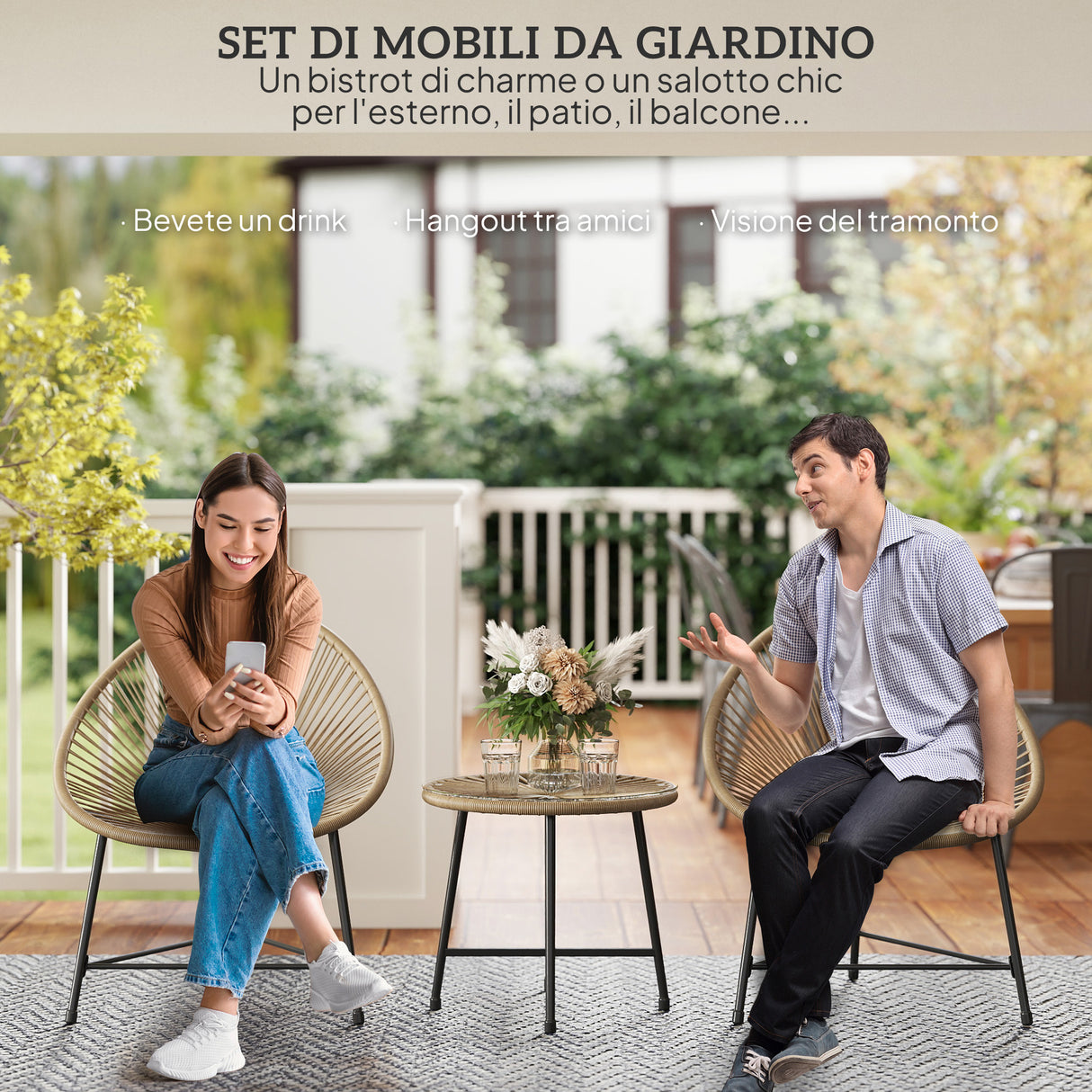 easycomfort easycomfort set da giardino 3 pezzi in rattan pe e acciaio con 2 sedie ovali e tavolino da caffe nero e color legno