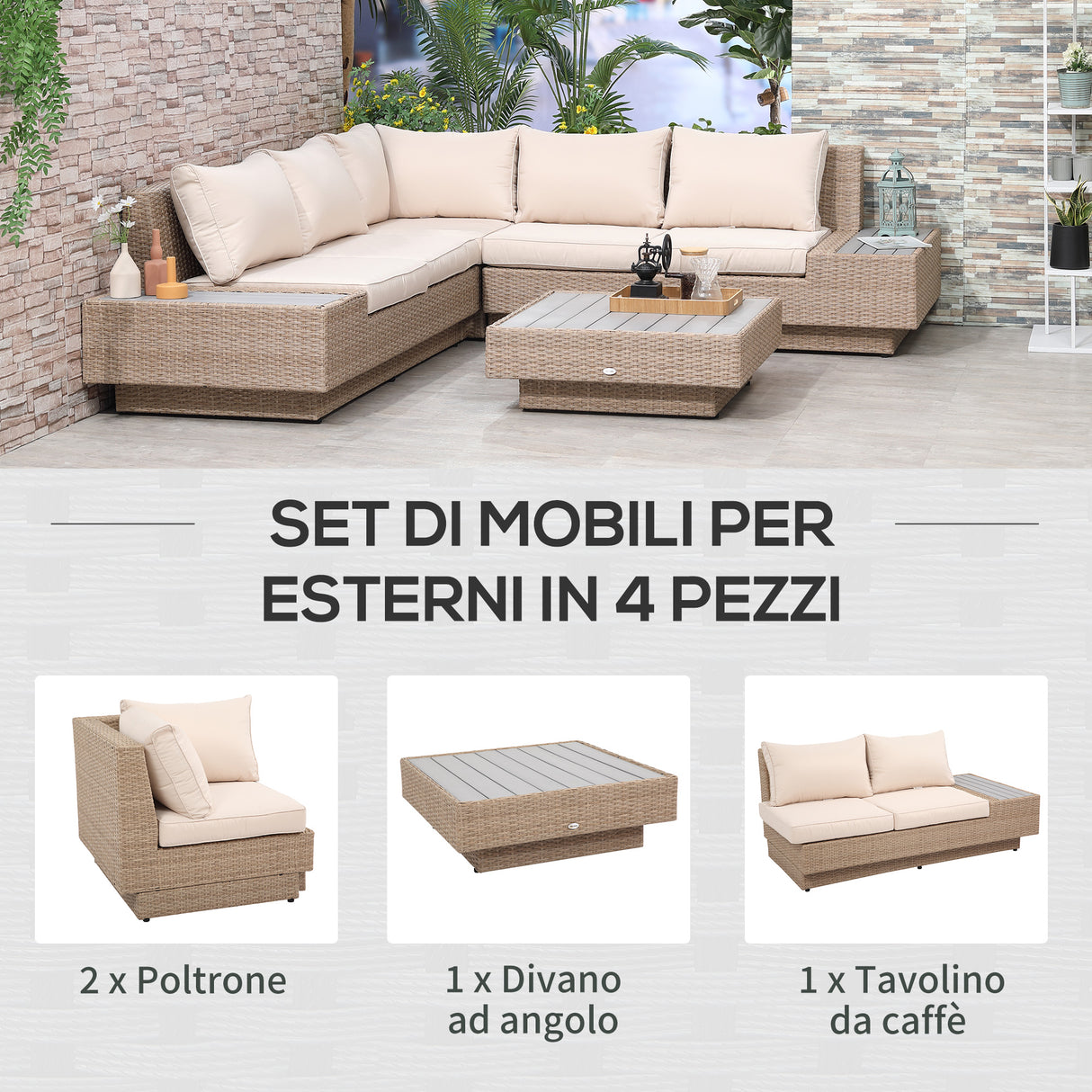 easycomfort easycomfort set da giardino 4 pezzi in rattan divano angolare con cuscini e tavolini nero e marrone chiaro