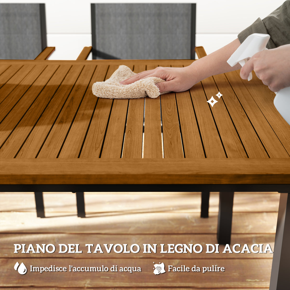 easycomfort easycomfort set da giardino 7 pezzi con tavolo da pranzo e 6 sedie impilabili con braccioli teak
