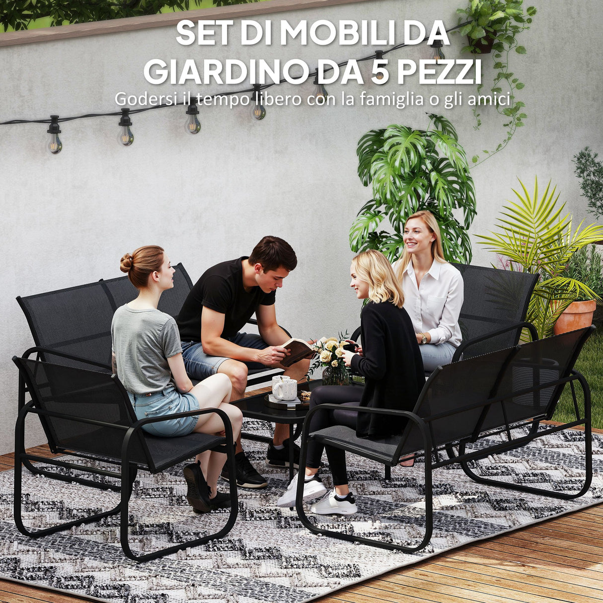 easycomfort easycomfort set da giardino con 2 divani 2 posti 2 poltrone e un tavolino da caffe con piano in vetro nero