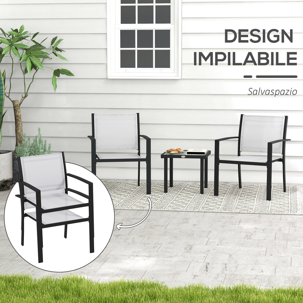 easycomfort easycomfort set da giardino con tavolino in vetro e 2 sedie impilabili in tessuto a rete grigio chiaro