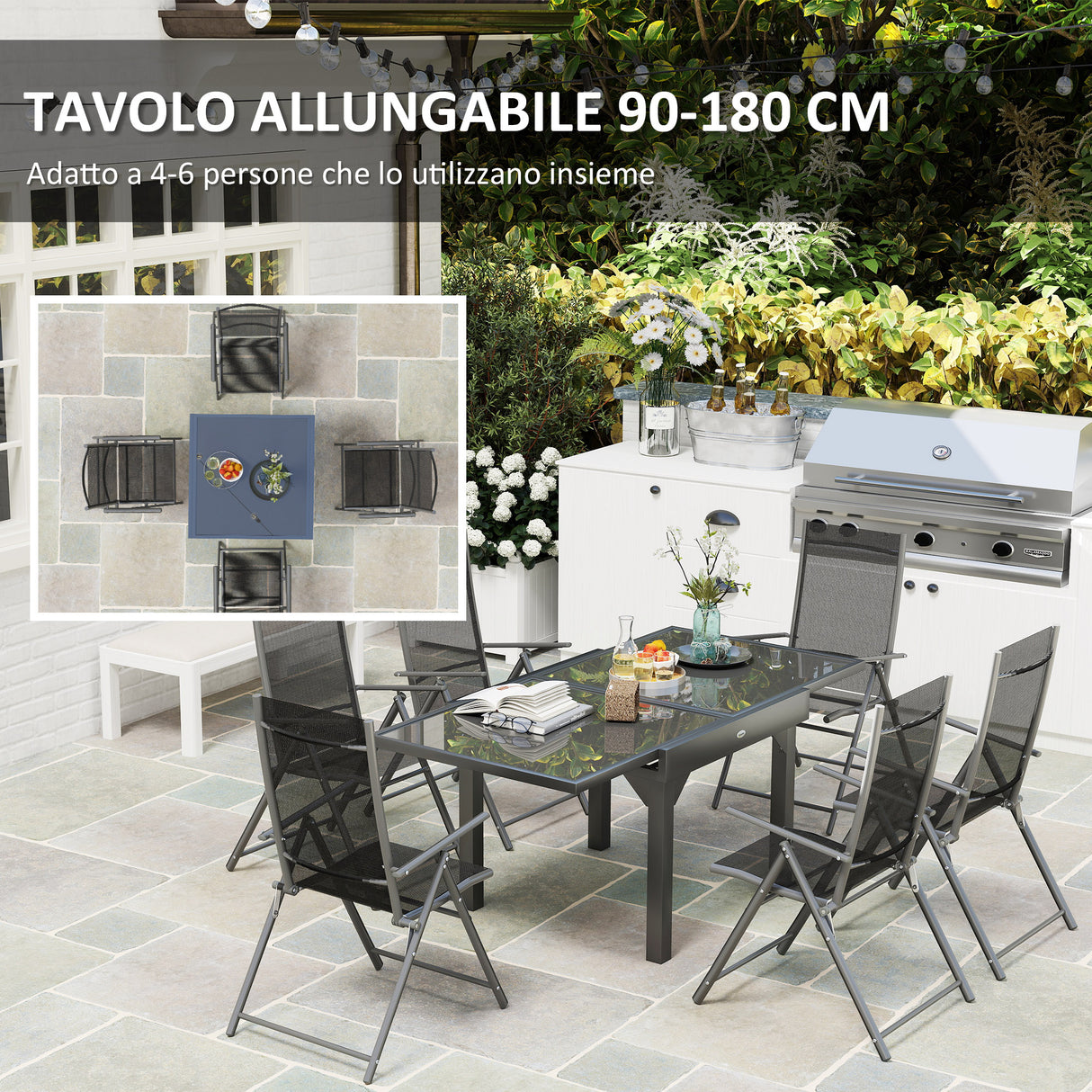 easycomfort easycomfort set da giardino con tavolo allungabile in vetro e 6 sedie da esterno pieghevoli acciaio e textilene grigio