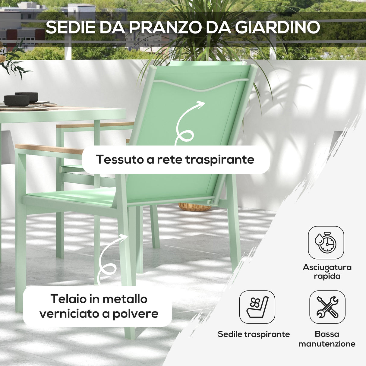 easycomfort easycomfort set da giardino con tavolo quadrato e 4 sedie con braccioli in tessuto a rete e acciaio verde