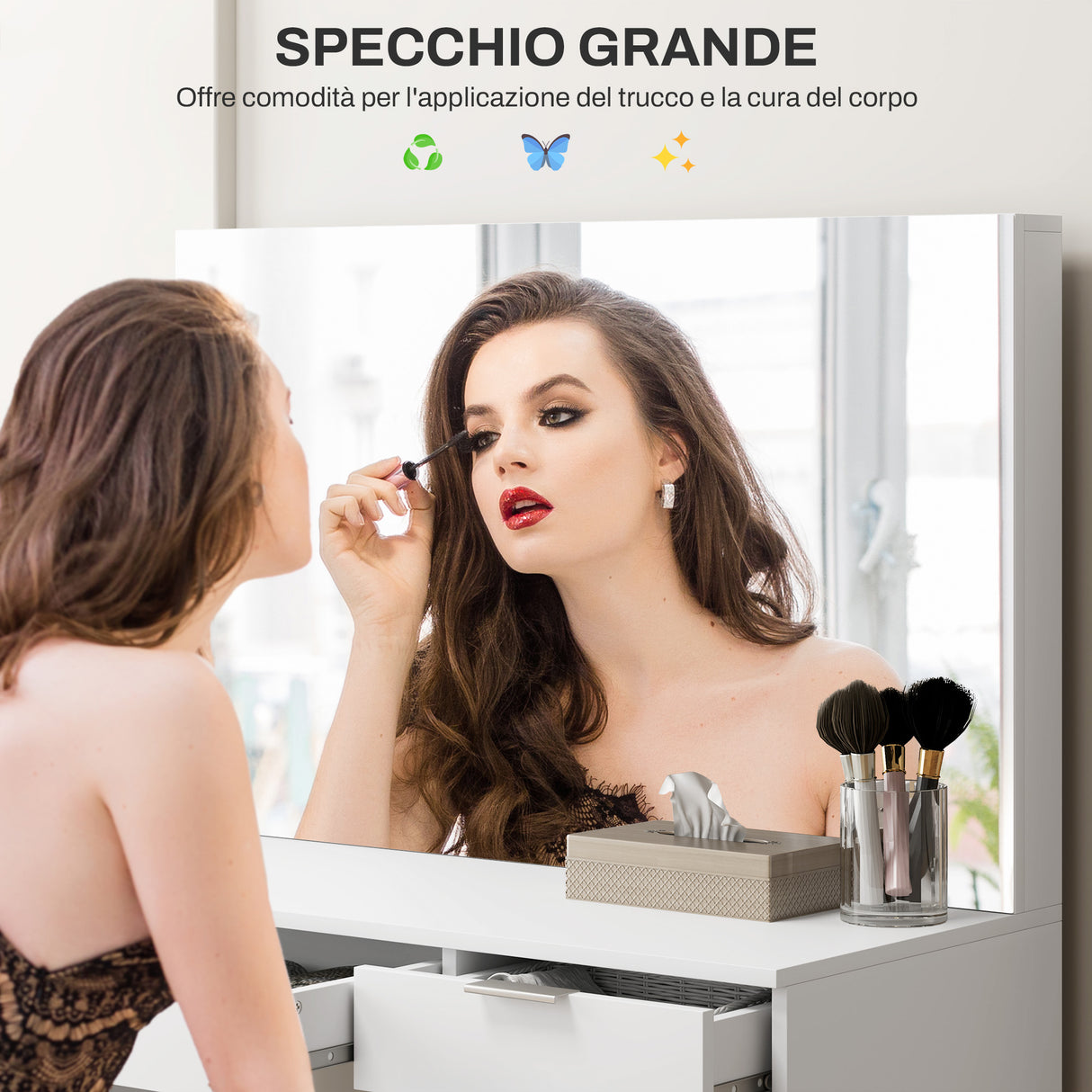 easycomfort easycomfort set tavolo da trucco con specchio e 5 cassetti 97 2x44 5x136 5 cm e sgabello imbottito 40x24x46 cm bianco