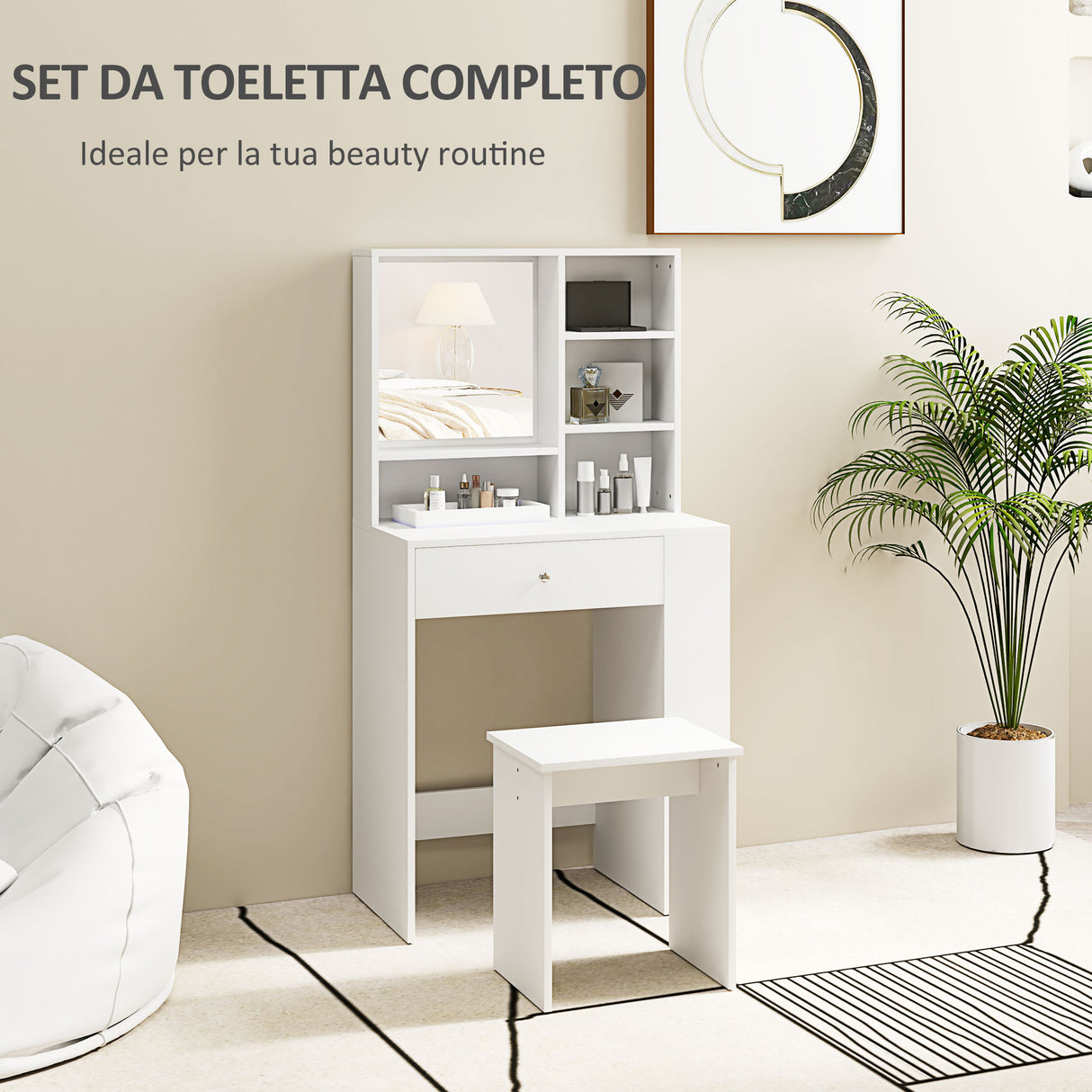 easycomfort easycomfort set toeletta da trucco con tavolino e sgabello specchio e ripiani in legno bianco