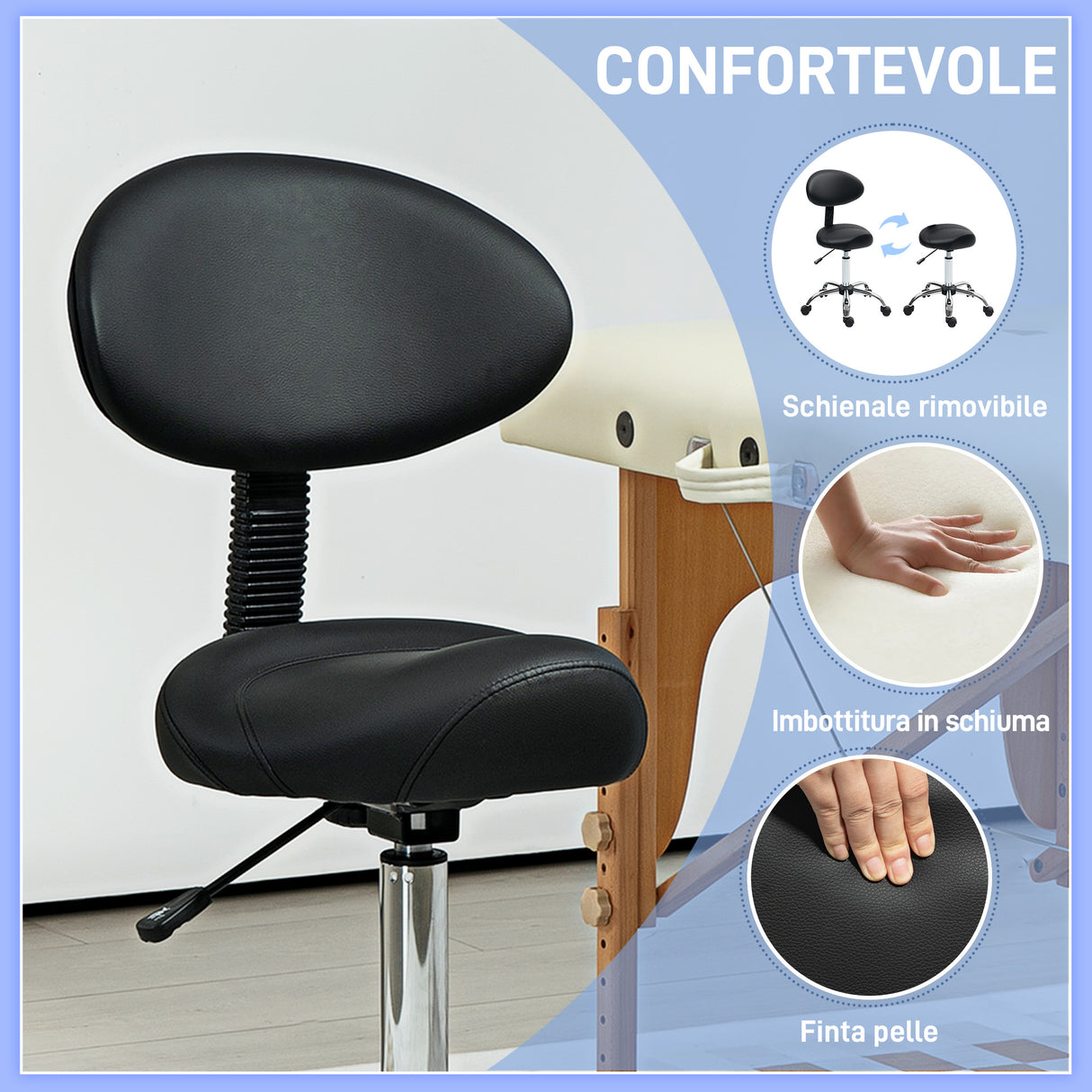 easycomfort easycomfort sgabello estetista con ruote e schienale altezza regolabile e seduta girevole in finta pelle nero