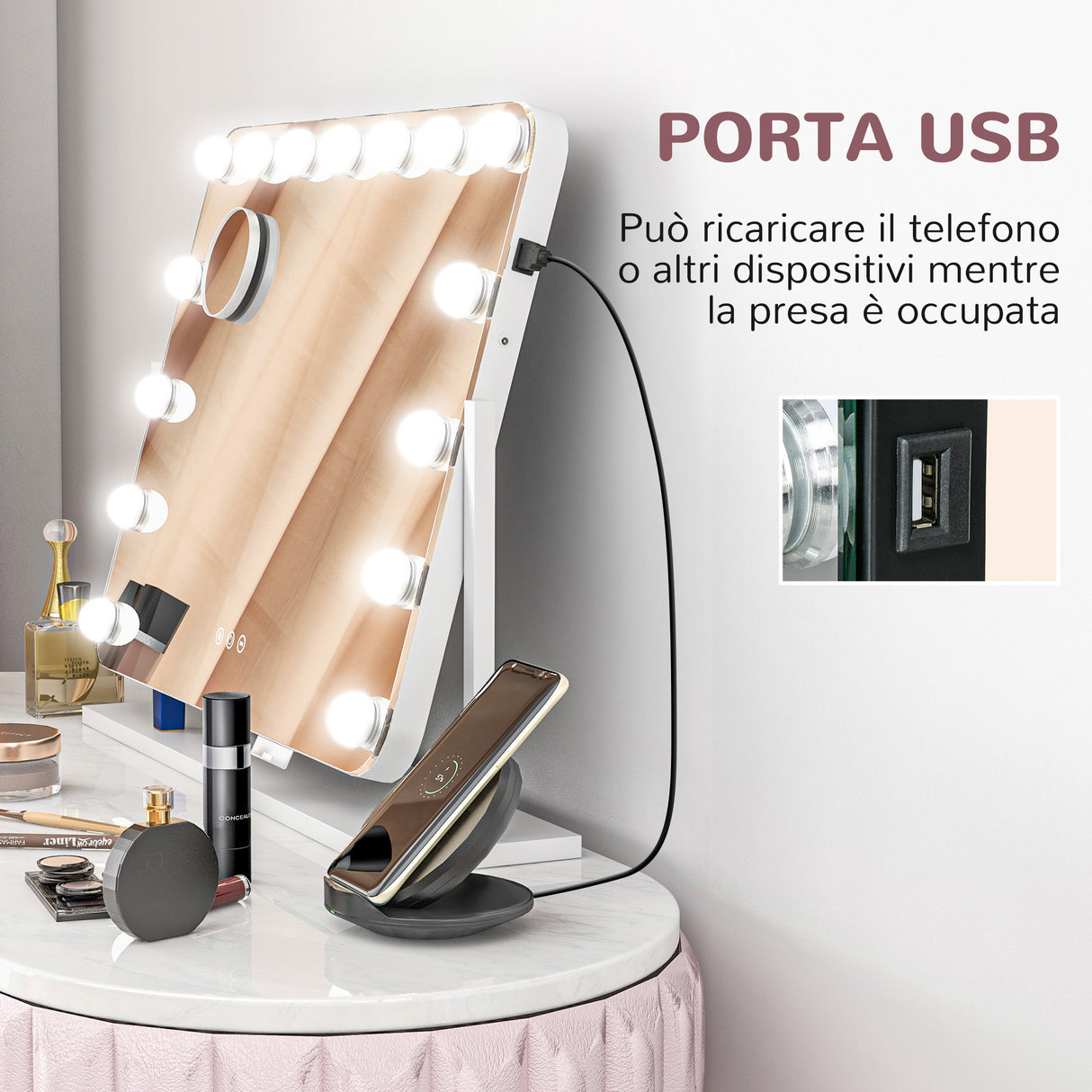 easycomfort easycomfort specchio da trucco con 14 luci led regolabili e ricarica usb in vetro e metallo 62 5x14x49 5 cm bianco