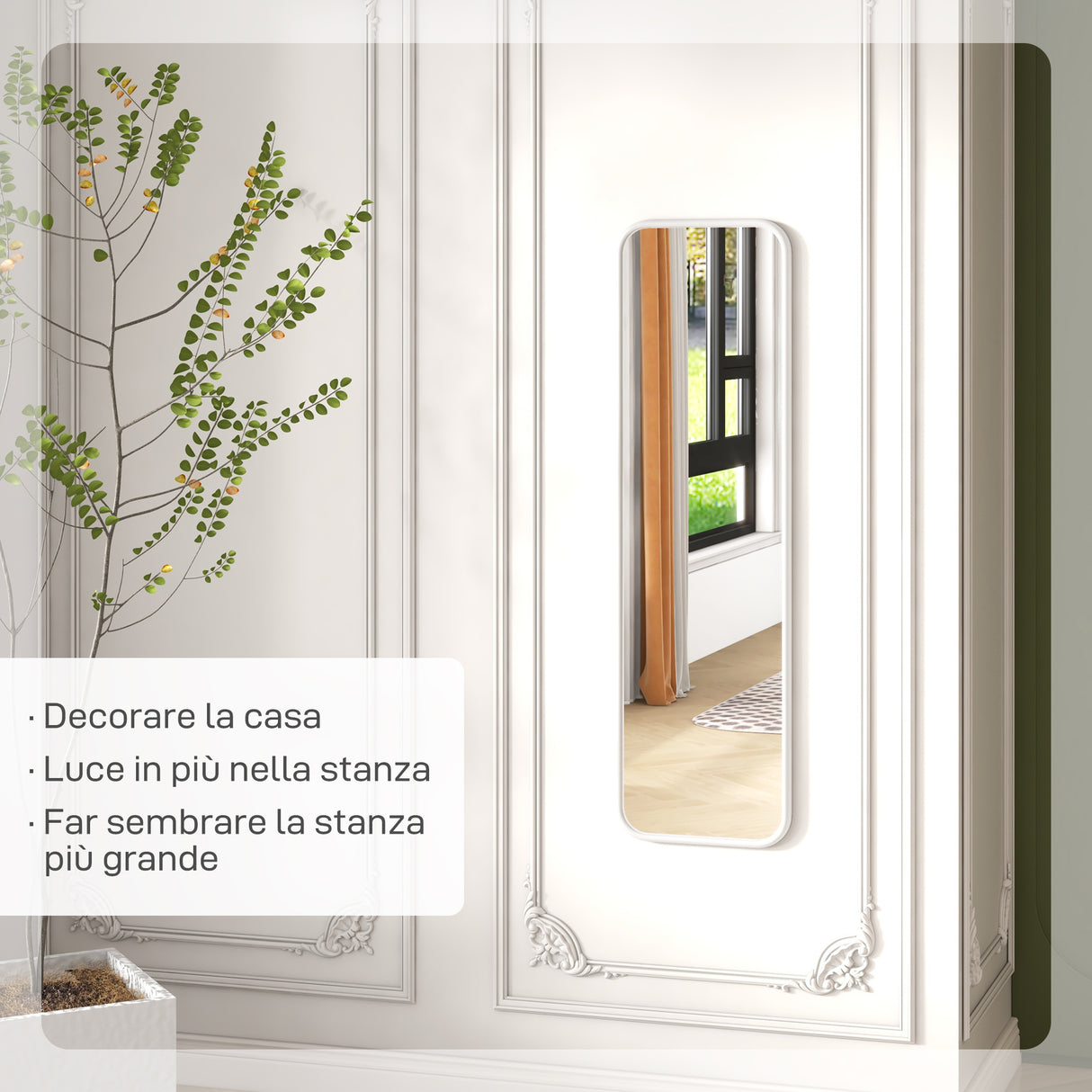 easycomfort easycomfort specchio verticale da parete o da terra con bordi arrotondati in mdf e vetro 120x35 cm bianco