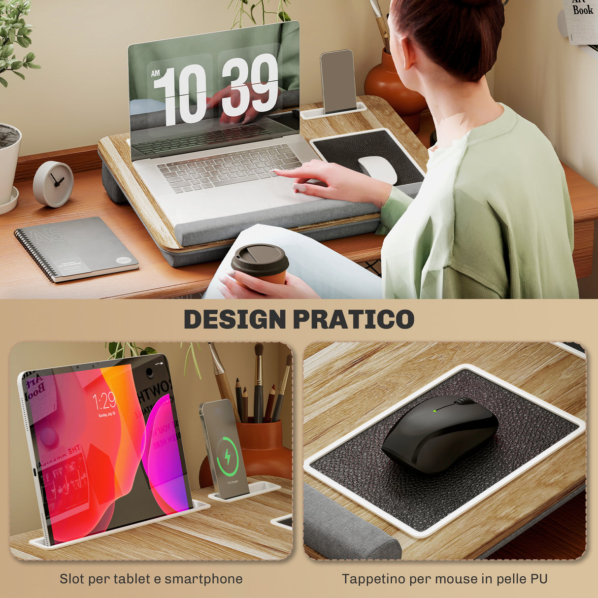 easycomfort easycomfort supporto per laptop da 15 6 con tappetino mouse e poggia polsi slot per tablet e smartphone rovere