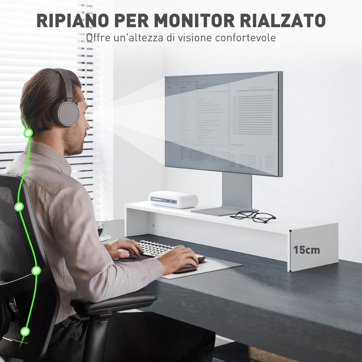 easycomfort easycomfort supporto per monitor con 2 vani contenitore in legno 100x27x15 cm bianco