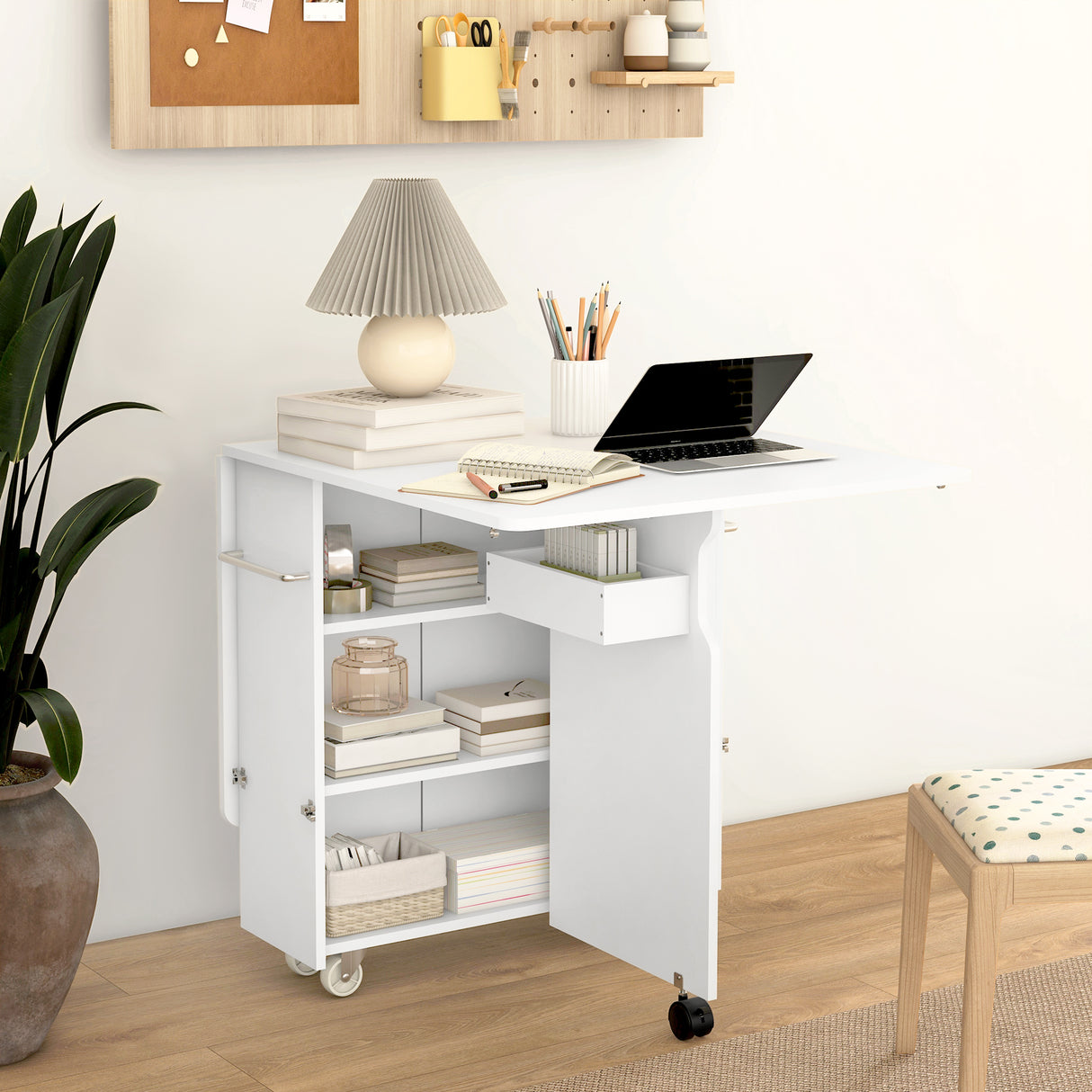 easycomfort easycomfort tavolo a ribalta pieghevole con ripiani a 3 livelli box e rotelle in mdf 130x80x76 5 cm bianco