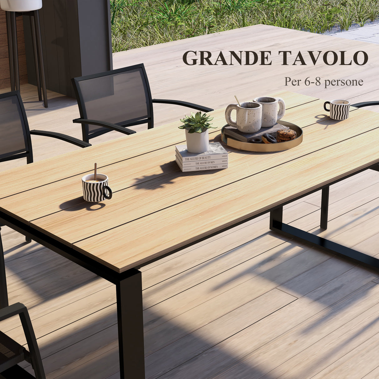 easycomfort easycomfort tavolo da giardino rettangolare in alluminio con piano a doghe per 6 8 persone 180x90x74cm quercia