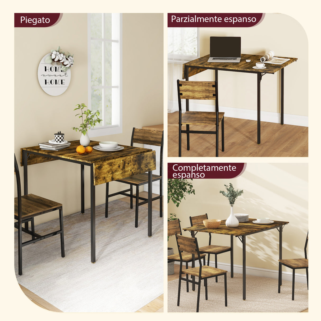 easycomfort easycomfort tavolo da pranzo a ribalta stile industriale per 2 4 persone in legno e metallo 120x79x79 cm marrone rustico