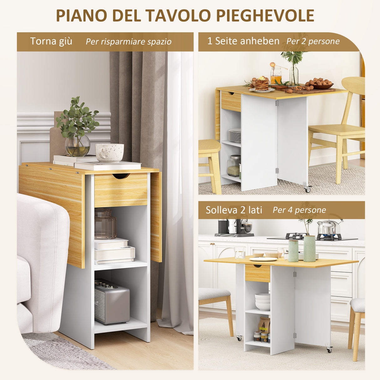 easycomfort easycomfort tavolo da pranzo pieghevole per 2 4 persone con 2 ribalte cassetto e ripiani quercia