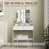 easycomfort easycomfort tavolo da trucco con specchio 3 ripiani 2 cassetti e sgabello in legno 75x38x135 cm bianco