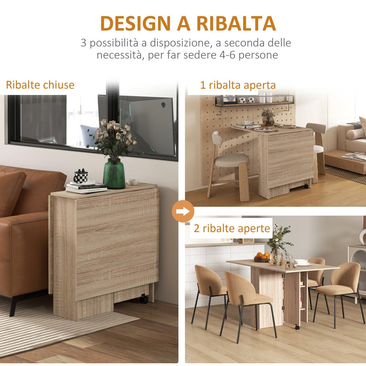 easycomfort easycomfort tavolo pieghevole con 2 ribalte per 6 persone con ripiani e rotelle integrate legno naturale